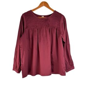 New Kate Quinn Burgundy Smocked Pleated Long Sleeve Blouse Organic Cotton Size L